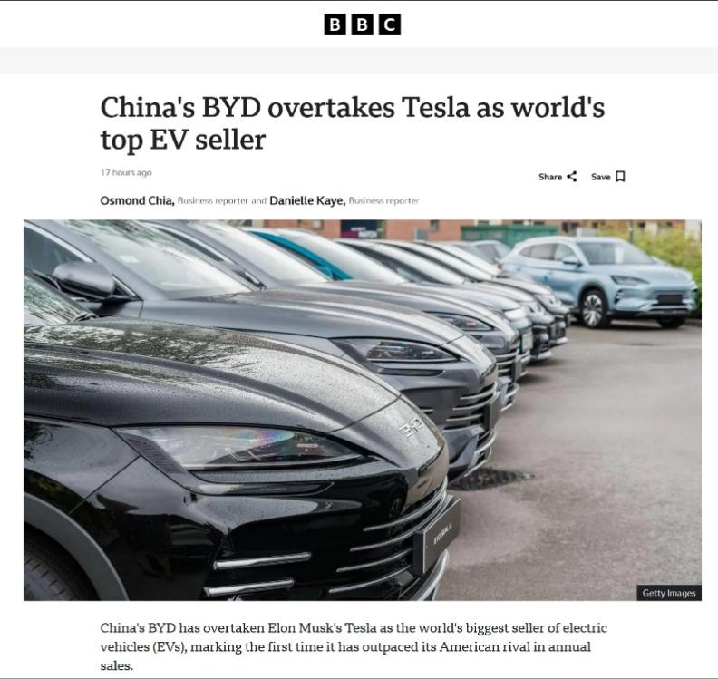 超越特斯拉!比亚迪问鼎2025年全球纯电销量冠军